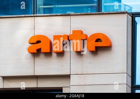 Logo on the headquarters building of Arte France, the French company part of the Franco-German cultural tv station Arte Stock Photo