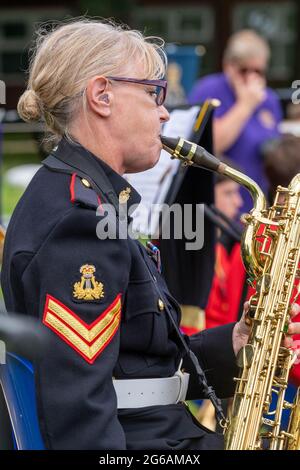 Brentwood Essex 4th July 2021 Brentwood Prom; a musical concert by the Brentwood Imperial Youth Band, the Friends of Kneller Hall band and the British Army Band, Colchester who played an outdoor concert at Brentwood County High School, Brentwood Essex. Credit: Ian Davidson/Alamy Live News Stock Photo