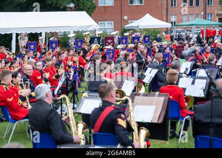 Brentwood Essex 4th July 2021 Brentwood Prom; a musical concert by the Brentwood Imperial Youth Band, the Friends of Kneller Hall band and the British Army Band, Colchester who played an outdoor concert at Brentwood County High School, Brentwood Essex. Credit: Ian Davidson/Alamy Live News Stock Photo