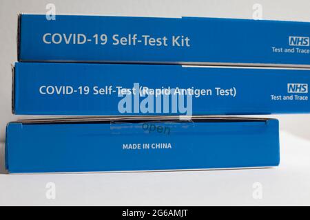 Boxes of UK Government COVID-19 coronavirus self test NHS kits made in China Stock Photo
