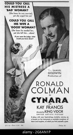 RONALD COLMAN KAY FRANCIS and PHYLLIS BARRY in CYNARA 1932 director KING VIDOR novel R. Gore Brown music Alfred Newman The Samuel Goldwyn Company / United Artists Stock Photo