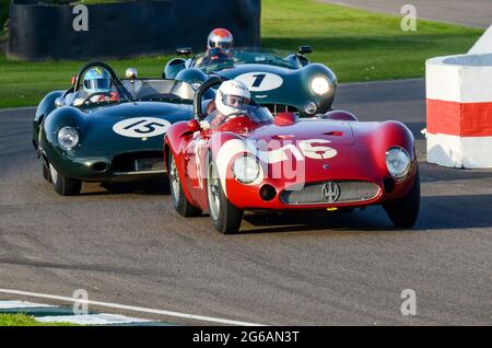 Maserati 300S classic sportscar, vintage racing car competing in the Sussex Trophy at the Goodwood Revival historic event, UK. Carlo Vogele driving Stock Photo