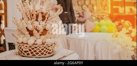 Wedding pastries, multi-tiered decorative pie, confectionery delicacy. Stock Photo
