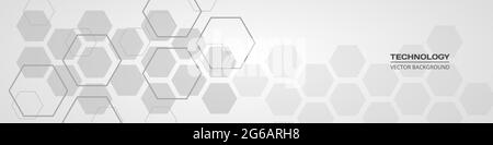 Abstract hexagonal medical soft grey horizontal banner. Technology abstract wide background with hexagonal elements. Innovation medicine, science Stock Vector