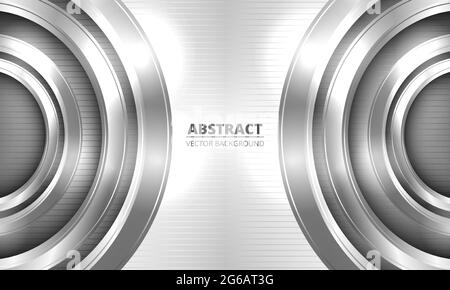 Abstract bright metallic vector background. Three-dimensional metal silver circles on striped metal background with lights and highlights. Vector Stock Vector