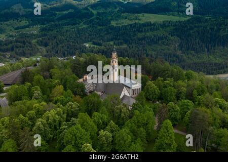 aerial view  of  S. Maria Assunta catholic church- Cavalese ,Valle di Fiemme, Dolomiti, , northern Trento, Italy Stock Photo