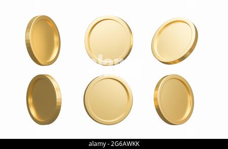 3D Render. Set of gold coins isolated on background in different ...