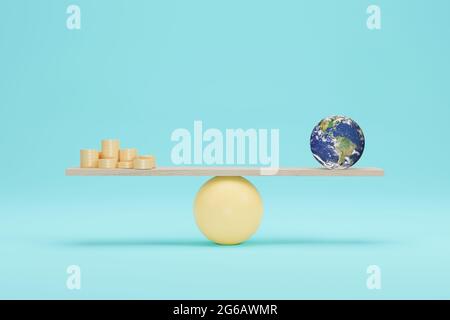 Earth globe vs coin on scales 3D illustration. Balance on scale. Elements of this image furnished by NASA Stock Photo