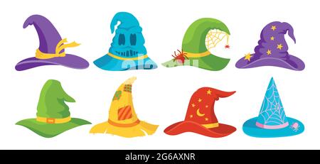 Witch hat Halloween flat cartoon set. Party color magic hats, horror wizard headdress celebrate element. Scary cap with buckle. Design symbol costume element Halloween. Isolated vector illustration Stock Vector