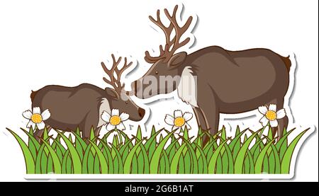 Two moose standing in grass field sticker illustration Stock Vector