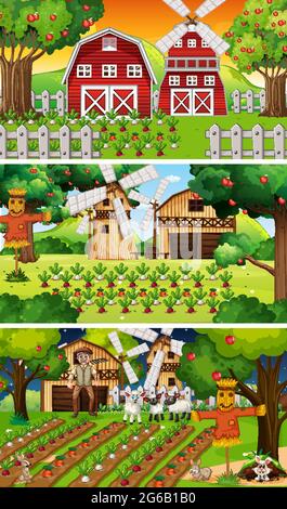 Different farm scenes with old farmer and animal cartoon character illustration Stock Vector