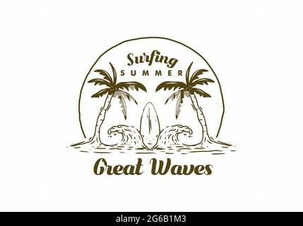 Brown illustration drawing of surfing board and wave on the beach design Stock Vector