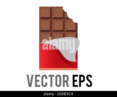 The isolated vector brown block of dark chocolate bar icon with red foil wrapper peeled back to show squares of the candy Stock Vector