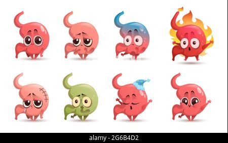 Cute stomach character with different emotions isolated on white background. Vector set of cartoon funny gastric, human abdomen organ smiles, sleeps, feels ache, nausea, reflux and heartburn Stock Vector