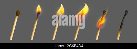 Match stick with fire in different stage of burning. Whole, ignite and burnt wooden matchstick. Vector realistic set of wood rods with yellow flame isolated on gray background Stock Vector