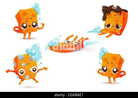 Sponge for cleaning dishes, cartoon mascot with cute face and foam bubbles isolated on white background. Clean and dirty sanitary tool express sad and happy emotions, Vector illustration, icons set Stock Vector
