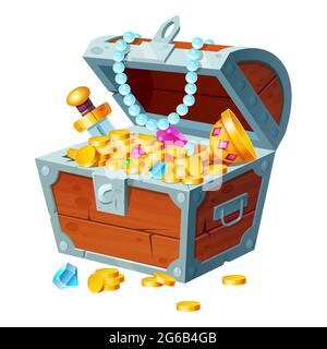 Chest with gold coins, gemstones, crystals and trophy. Pirate treasure in open wooden forged box isolated on white background. Fantasy game asset, mobile application ui element, Cartoon illustration Stock Vector