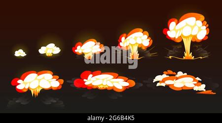 Cartoon bomb explosion storyboard, animation frame for mobile game. Nuclear cloud, boom effect, smoke. Dynamite explosive detonation, atomic fire motion isolated vector explode on black background Stock Vector