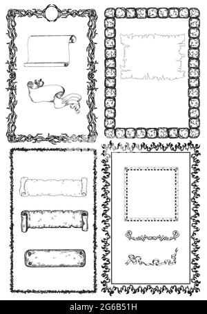 Hand drawn design collection with frames, dividers and banners isolated on white. Hand drawn black and white vector illustration Stock Vector