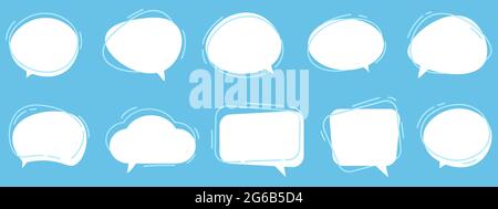 Vector Set of speech bubbles. Dialog box icon, message template. White clouds for text, lettering. Different shape of empty balloons for talk on blue background. Flat vector illustration. Stock Vector