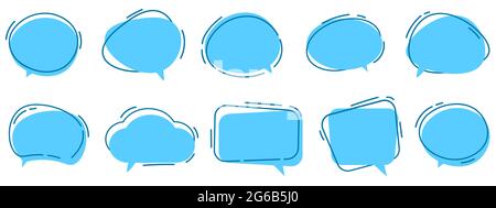 Vector Set of speech bubbles. Dialog box icon, message template. Blue clouds for text, lettering. Different shape of empty balloons for talk on isolated background. Flat vector illustration. Stock Vector
