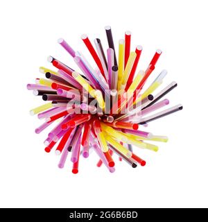 Colorful plastic cocktail straws, many plastic drinking pipes, plastic tubes for beverages on white background isolated closeup, bar tableware utensil Stock Photo
