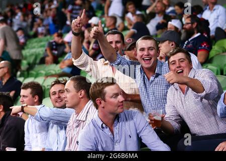 MELBOURNE, AUSTRALIA - MARCH 19: Rebels fans during the round 5 Super Rugby match between the Melbourne Rebels and NSW Waratahs at AAMI Park on March 19, 2021 in Melbourne, Australia. (Photo by Dave Hewison) Stock Photo