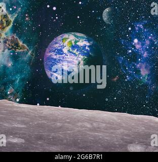 Moon surface and Earth on the horizon. Space art fantasy. Elements of this image furnished by NASA Stock Photo