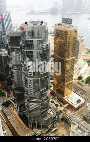 An aerial view of the Lippo centre buildings and the Far East Finance centre building in Admiralty, Hong Kong. Stock Photo