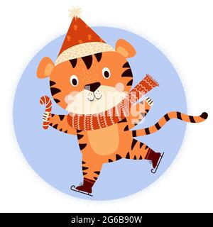 Postcard with a cute winter tiger. The beast in New Years clothes, a scarf and a Santa hat, with a striped caramel candy is skating on a blue Stock Vector