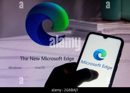 Brazil. 04th July, 2021. In this photo illustration the Microsoft Edge logo seen displayed on a smartphone. (Photo by Rafael Henrique/SOPA Images/Sipa USA) Credit: Sipa USA/Alamy Live News Stock Photo