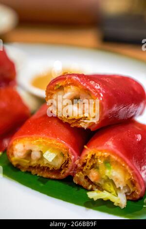 The classic dim sum of Guangzhou Cantonese morning tea, shrimp and red rice rolls Stock Photo