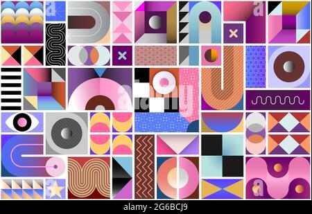 Abstract design with different geometric shapes and patterns. Vector geometry art seamless background with gradient effect. Each one of the design ele Stock Vector