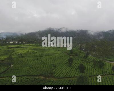 Panoramic Aerial View of Blue Lake Patenggang with an Islet in the Middle of the Lake, Ciwidey, Bandung, West Java, Indonesia, Asia Stock Photo