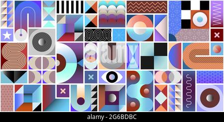 Abstract design with different geometric shapes and patterns. Vector geometry art seamless background with gradient effect. Each one of the design ele Stock Vector