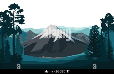 Mountain landscape. The haunted forest. Coniferous and deciduous trees. Silhouette. Isolated on a white background. Mountains, rocks on the horizon. v Stock Vector