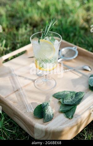 Glass of lemon ice water with fresh mint and rosemary on the lawn Stock Photo
