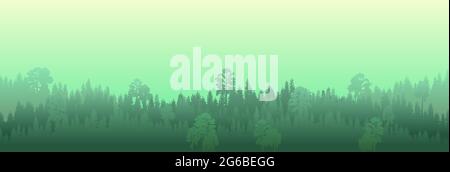 Foggy morning in coniferous forest. Silhouettes of trees. Wild hilly landscape. Pine, cedar. Landscape is horizontal. Illustration vector. Stock Vector
