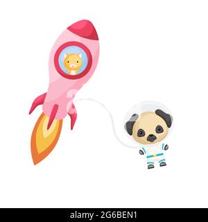 Cute little hamster flying in pink rocket. Cartoon pug dog character in space costume with rocket on white background. Design for baby shower, invitat Stock Vector