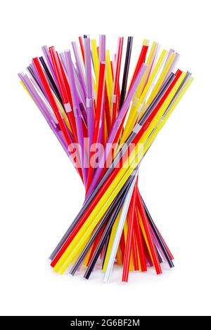 Colorful plastic cocktail straws, many plastic drinking pipes, plastic tubes for beverages on white background isolated closeup, bar tableware utensil Stock Photo