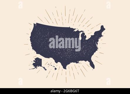 USA. Poster map of United States of America. Print map of USA for t-shirt, poster. Hand-drawn map in style with linear drawing light rays, sunburst and rays of sun. Vector Illustration Stock Vector