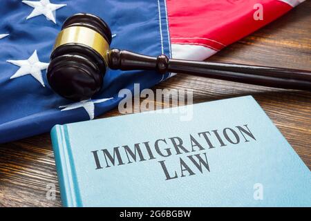 Immigration law, wooden gavel and American flag. Stock Photo