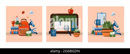 Back to school. Big vector set. Stationery for school, university and office. Cartoon school supplies. A set of colored icons. Flat illustrations for Stock Vector