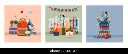 Back to school. Big vector set. Stationery for school, university and office. Cartoon school supplies. A set of colored icons. Flat illustrations for Stock Vector