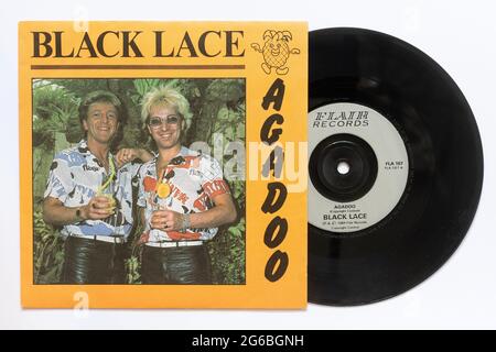 Agadoo by Black Lace, a stock photo of the 7' single vinyl 45 rpm record in picture sleeve Stock Photo