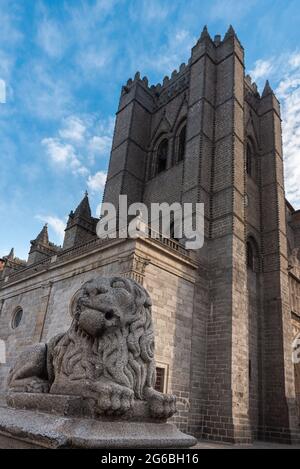 Lion statue in front of  the cathedral of Avila, Spain Stock Photo