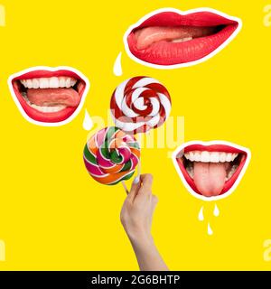 Contemporary art collage and modern design. Summer mood. Concept of idea, inspiration, creativity and beauty. Composition with female mouths and Stock Photo