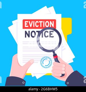 Hand holds eviction notice legal document on the clipboard with stamp, paper sheets and a pen vector illustration. Stock Vector