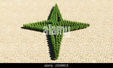 Concept or conceptual group of green forest tree on dry ground background, sign of navigation compass. A 3d illustration metaphor for travel Stock Photo