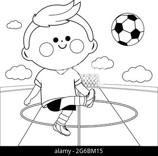 Little boy playing soccer. Vector black and white coloring page Stock Vector